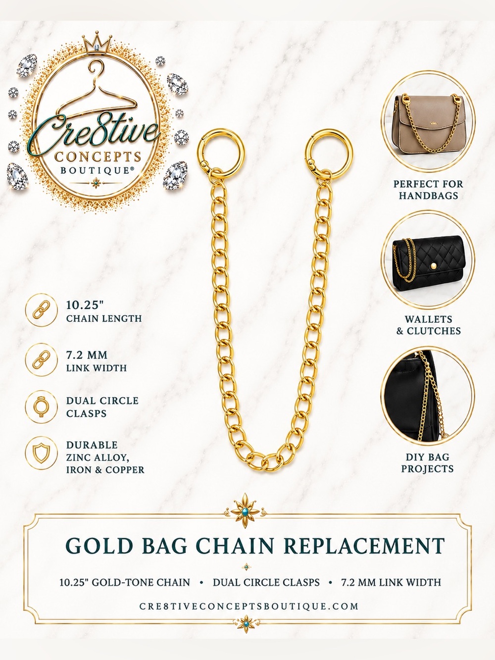 Gold, One Chain Strap Replacement Bag Extender with Circle Clasps